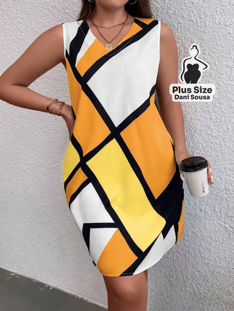 Vestido Estampado Geométrico Moderno Plus Size Vestido Estampado Geométrico Moderno Plus Size