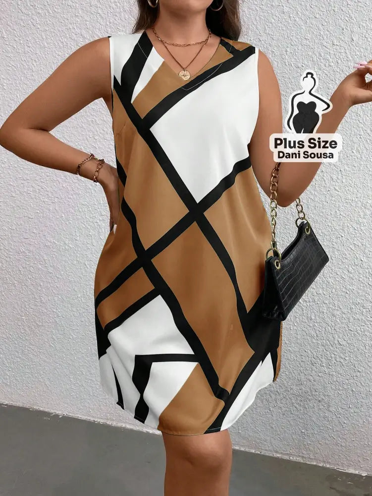 Vestido Estampado Geométrico Moderno Plus Size Vestido Estampado Geométrico Moderno Plus Size