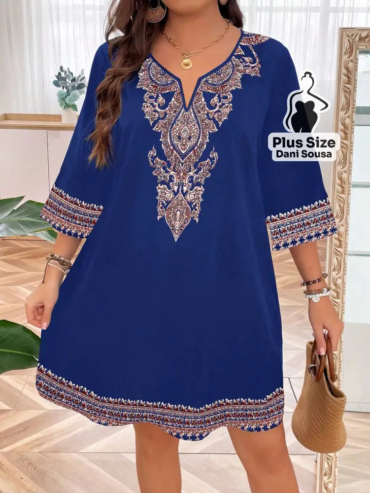 Vestido Estilo Boho Com Bordado Sofisticado Plus Size Azul / G Vestido Estilo Boho Com Bordado Sofisticado Plus Size