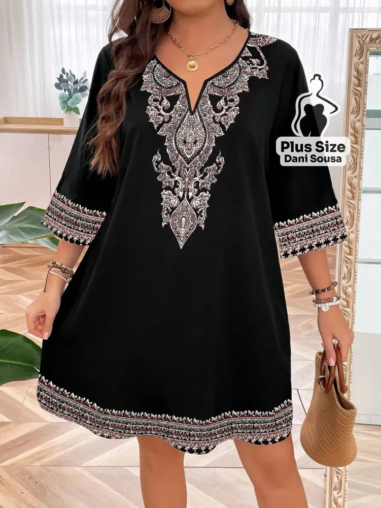 Vestido Estilo Boho Com Bordado Sofisticado Plus Size Preto / G Vestido Estilo Boho Com Bordado Sofisticado Plus Size