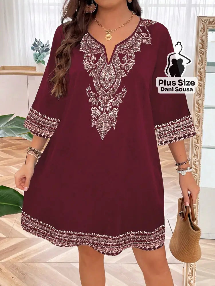 Vestido Estilo Boho Com Bordado Sofisticado Plus Size Vinho / G Vestido Estilo Boho Com Bordado Sofisticado Plus Size