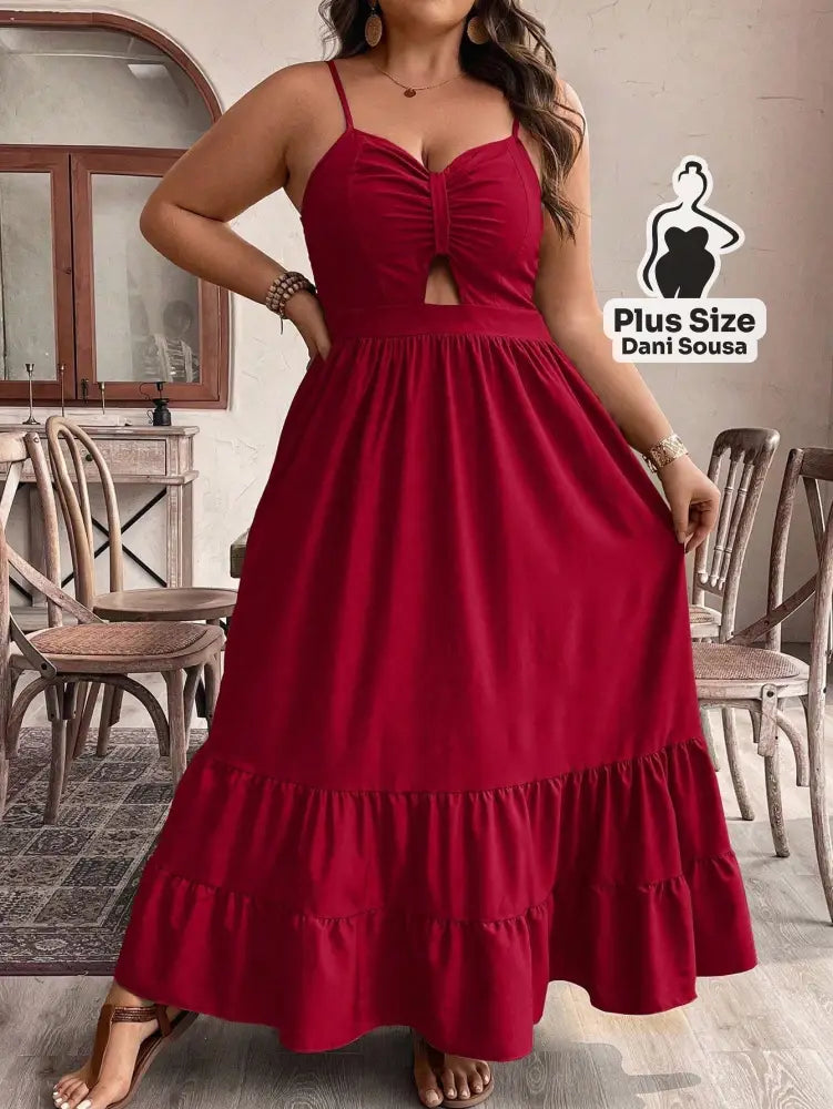 Vestido Longo com Alças Finas e Detalhe de Recorte Plus Size Vermelho / G Vestido Longo com Alças Finas e Detalhe de