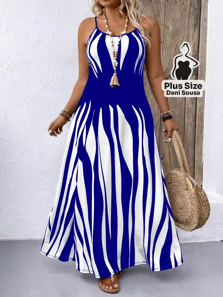 Vestido Longo com Estampa Zebrada e Alças Finas Plus Size Azul / G Vestido Longo Estampado com Lastex e Alças Largas