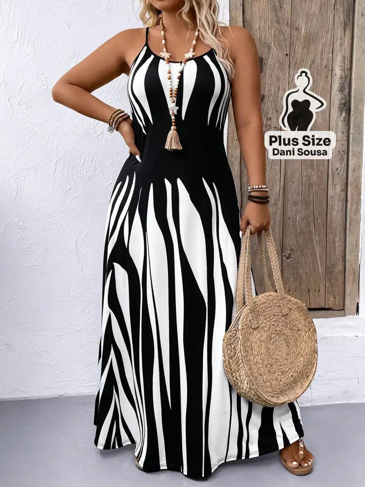 Vestido Longo com Estampa Zebrada e Alças Finas Plus Size Vestido Longo Estampado com Lastex e Alças Largas Plus Size