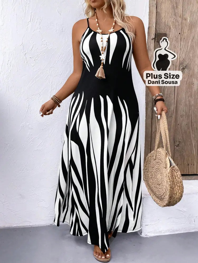 Vestido Longo com Estampa Zebrada e Alças Finas Plus Size Vestido Longo Estampado com Lastex e Alças Largas Plus Size