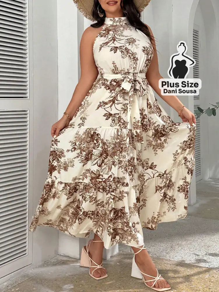 Vestido Longo Estampado com Camadas e Cinto Ajustável Plus Size Damasco / G Conjunto Cropped e Shorts Estampado com