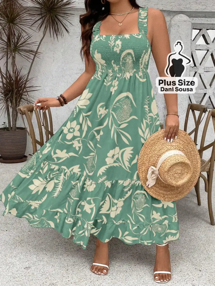 Vestido Longo Estampado com Lastex e Alças Largas Plus Size Vestido Longo Estampado com Lastex e Alças Largas Plus Size