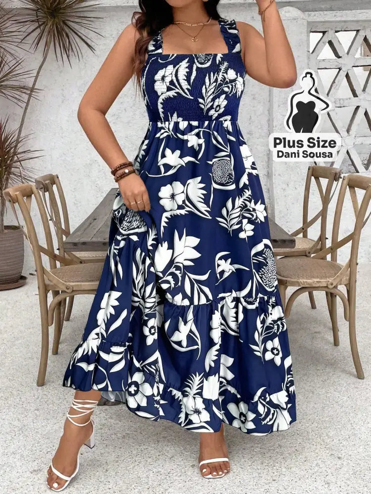 Vestido Longo Estampado com Lastex e Alças Largas Plus Size Azul Royal / G Vestido Longo Estampado com Lastex e Alças