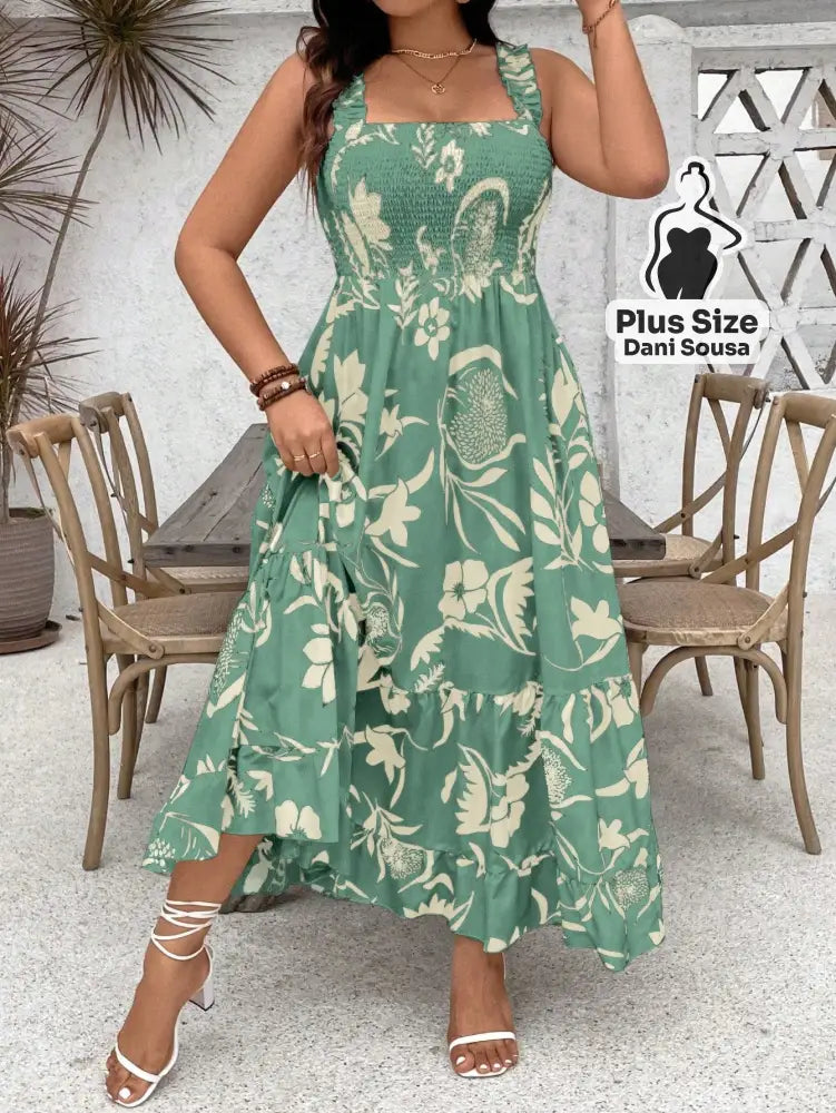 Vestido Longo Estampado com Lastex e Alças Largas Plus Size Verde / G Vestido Longo Estampado com Lastex e Alças Largas