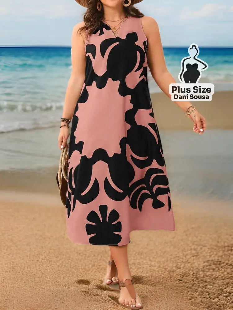 Vestido Longo Listrado com Decote V e Fenda Plus Size Vestido Longo Listrado com Decote V e Fenda Plus Size
