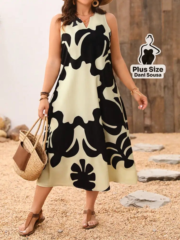 Vestido Longo Listrado com Decote V e Fenda Plus Size Bege / G Vestido Longo Listrado com Decote V e Fenda Plus Size