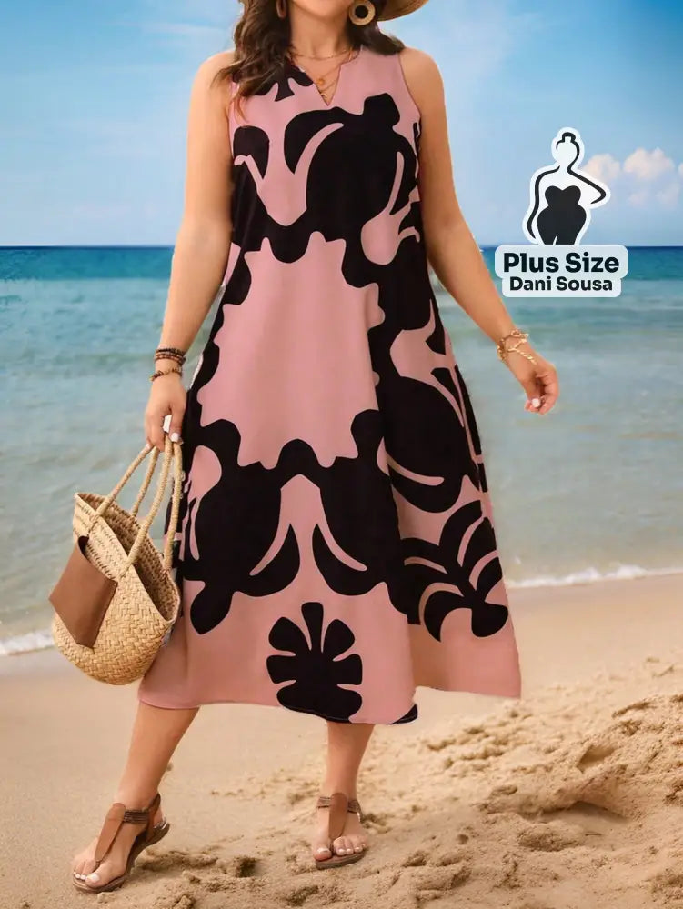 Vestido Longo Listrado com Decote V e Fenda Plus Size Rosa / G Vestido Longo Listrado com Decote V e Fenda Plus Size