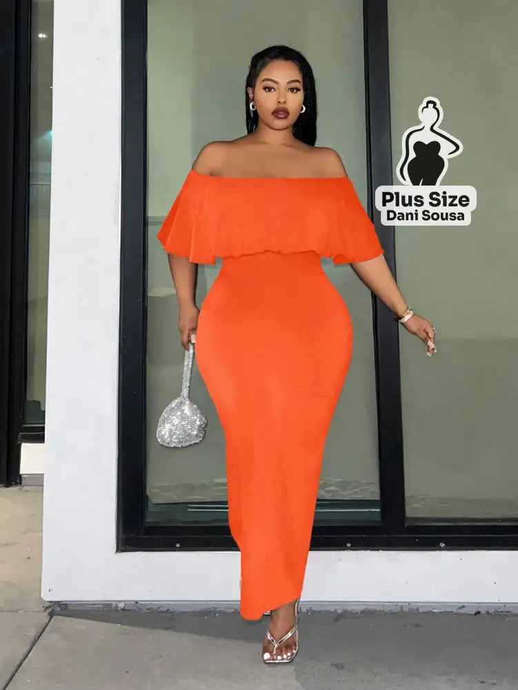 Vestido Longo Ombro a Ombro com Babado Plus Size Laranja / G Vestido Longo Ombro a Ombro com Babado Plus Size