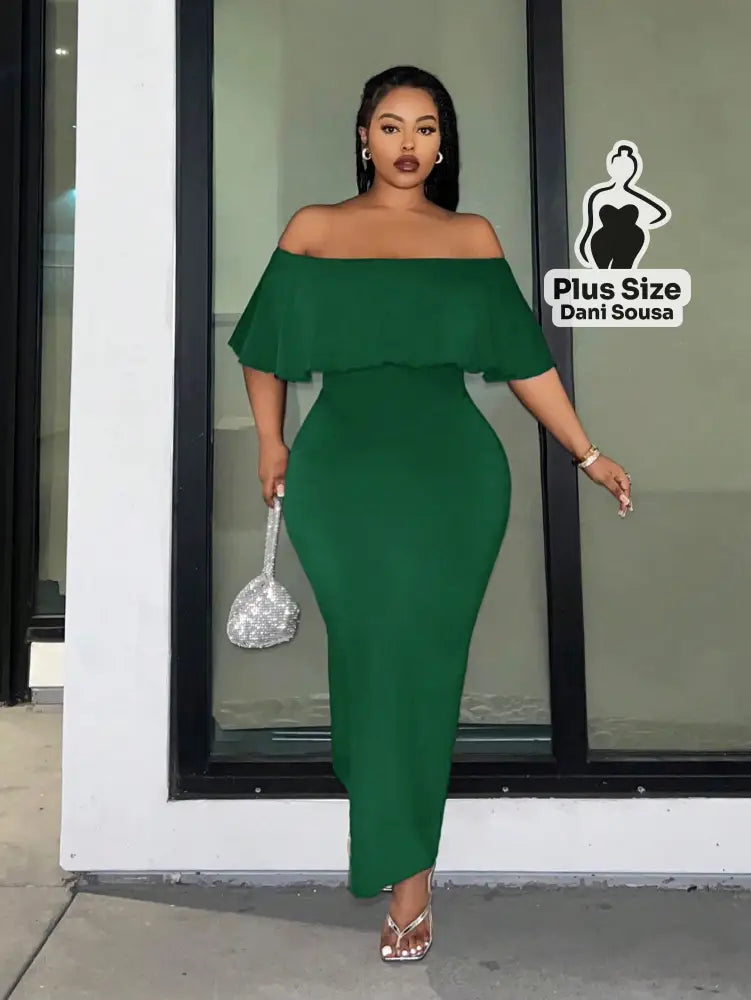 Vestido Longo Ombro a Ombro com Babado Plus Size Verde / G Vestido Longo Ombro a Ombro com Babado Plus Size