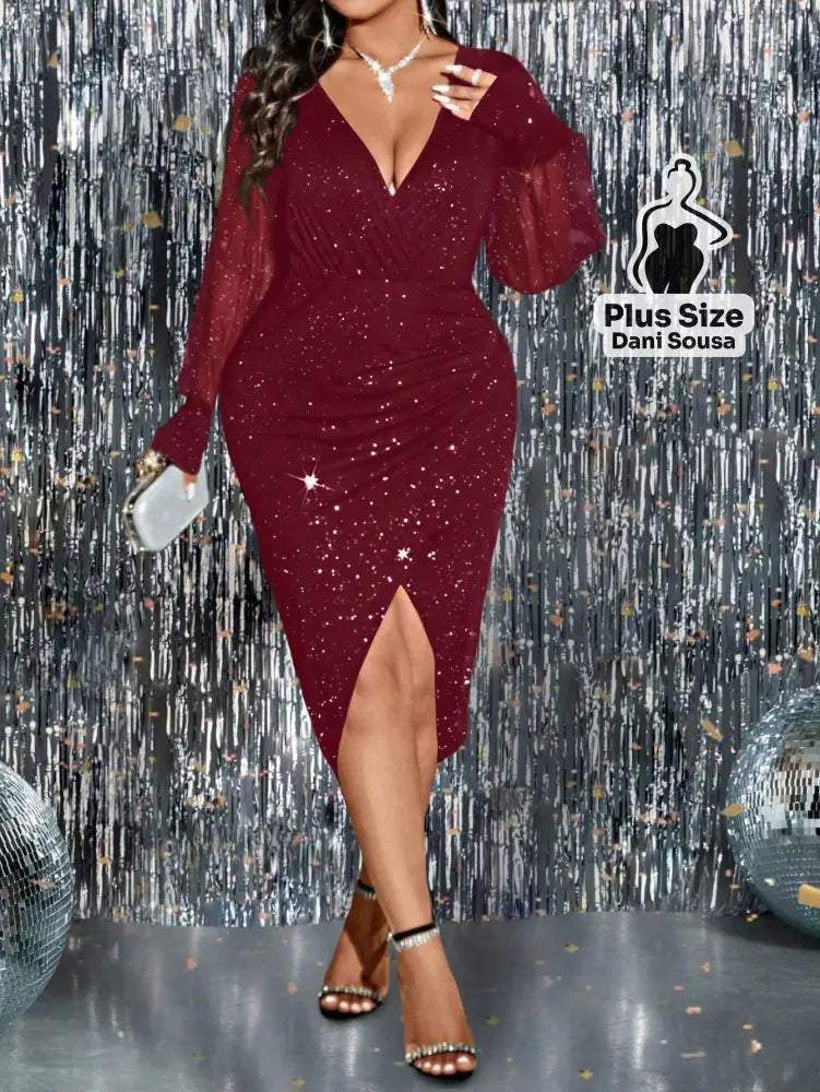 Vestido Midi com Manga Tule Brilhante Plus Size Vinho / G Vestido Midi com Manga Tule Brilhante Plus Size