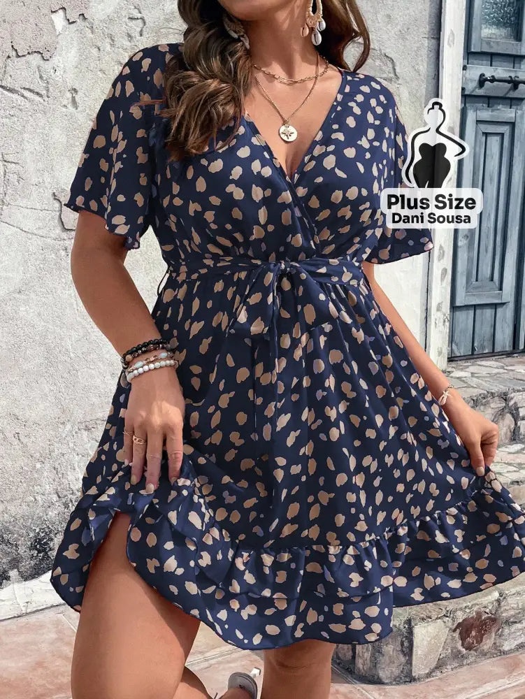 Vestido Midi Vermelho Estampado Romântico Plus Size Azul Marinho / G Vestido Midi Vermelho Estampado Romântico Plus Size