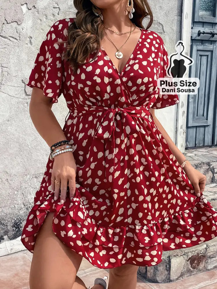 Vestido Midi Vermelho Estampado Romântico Plus Size Vermelho / G Vestido Midi Vermelho Estampado Romântico Plus Size