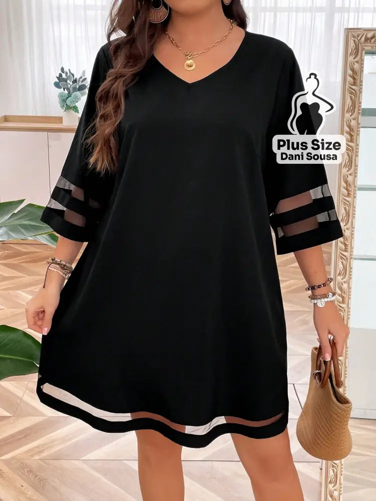 Vestido Sofisticado Com Detalhes Transparentes Plus Size Preto / G Vestido Sofisticado Com Detalhes Transparentes Plus