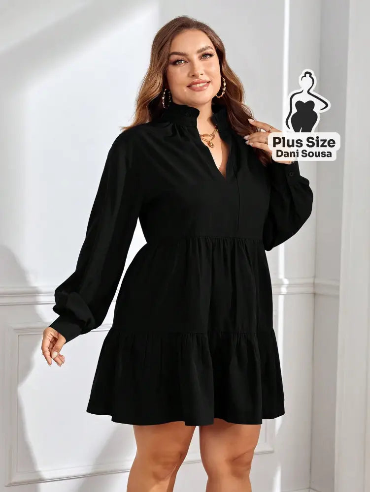Vestido Sofisticado De Manga Longa Com Babados Plus Size Vestido Sofisticado De Manga Longa Com Babados Plus Size