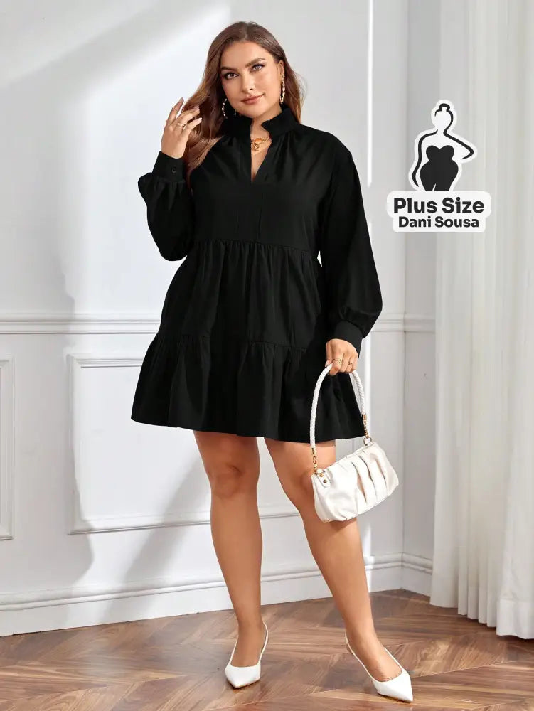 Vestido Sofisticado De Manga Longa Com Babados Plus Size Vestido Sofisticado De Manga Longa Com Babados Plus Size