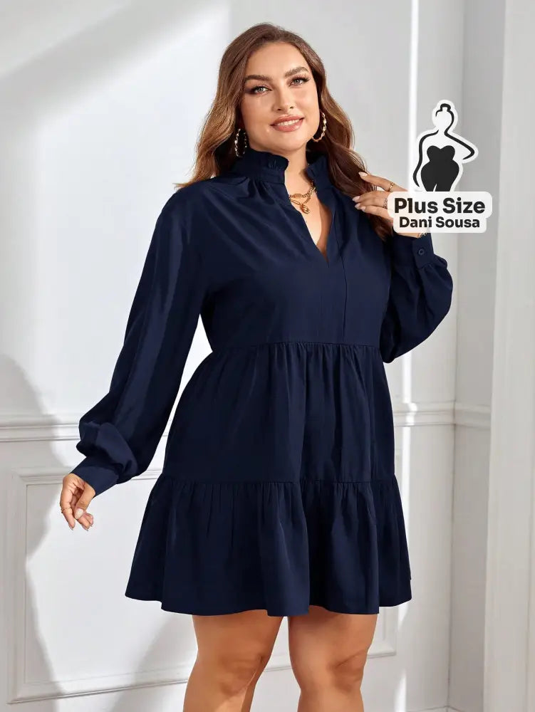 Vestido Sofisticado De Manga Longa Com Babados Plus Size Vestido Sofisticado De Manga Longa Com Babados Plus Size