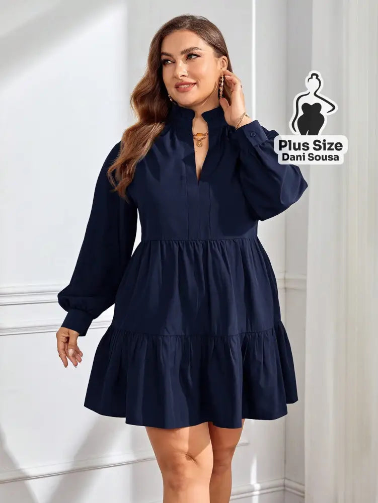 Vestido Sofisticado De Manga Longa Com Babados Plus Size Vestido Sofisticado De Manga Longa Com Babados Plus Size