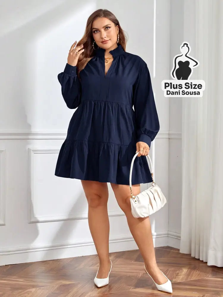 Vestido Sofisticado De Manga Longa Com Babados Plus Size Azul Marinho / G Vestido Sofisticado De Manga Longa Com