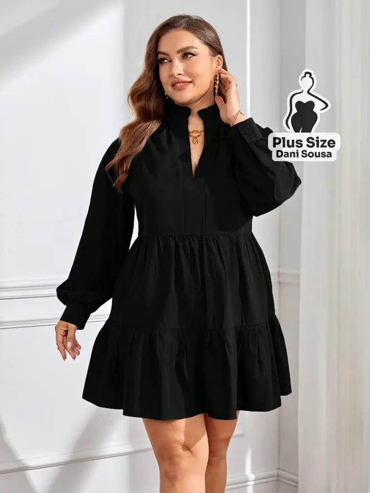 Vestido Sofisticado De Manga Longa Com Babados Plus Size Preto / G Vestido Sofisticado De Manga Longa Com Babados Plus