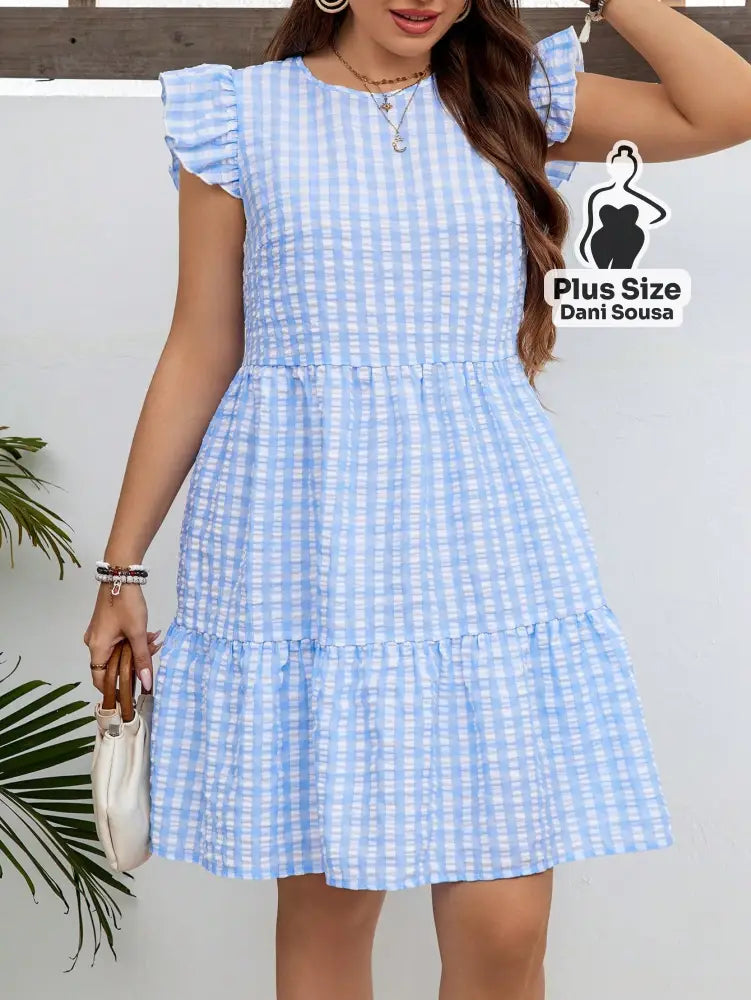 Vestido Vichy com Babado e Estilo Casual Plus Size Azul / G Vestido Vichy com Babado e Estilo Casual Plus Size