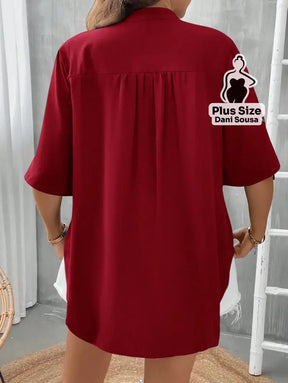 Blusa Casual Com Bolsos E Mangas Curtas Plus Size Blusa Casual Com Bolsos E Mangas Curtas Plus SizeBlusa Casual Com
