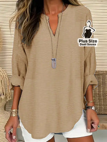 Blusa Casual de Manga Longa e Tecido Leve Plus Size Caqui / G Blusa Casual de Manga Longa e Tecido Leve Plus Size