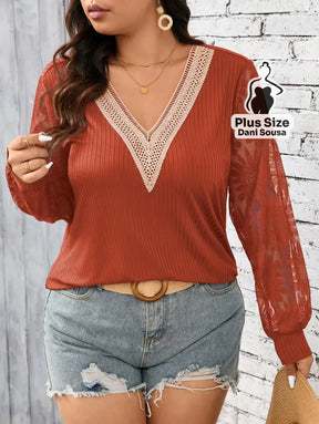 Blusa Com Decote Em V e Mangas Rendadas Plus Size Laranja / G Blusa Com Decote Em V e Mangas Rendadas Plus Size