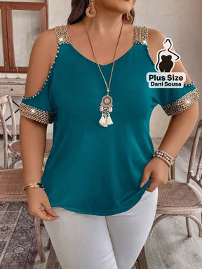 Blusa Com Detalhes de Pedraria e Ombros Vazados Plus Size Azul Petróleo / G Blusa Com Detalhes de Pedraria e Ombros