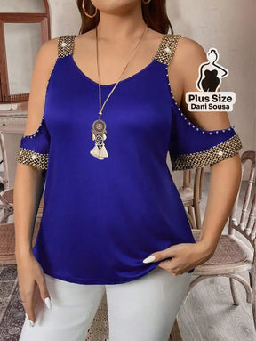 Blusa Com Detalhes de Pedraria e Ombros Vazados Plus Size Azul Royal / G Blusa Com Detalhes de Pedraria e Ombros