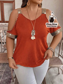 Blusa Com Detalhes de Pedraria e Ombros Vazados Plus Size Laranja / G Blusa Com Detalhes de Pedraria e Ombros Vazados