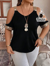 Blusa Com Detalhes de Pedraria e Ombros Vazados Plus Size Preto / G Blusa Com Detalhes de Pedraria e Ombros Vazados