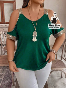 Blusa Com Detalhes de Pedraria e Ombros Vazados Plus Size Verde Escuro / G Blusa Com Detalhes de Pedraria e Ombros