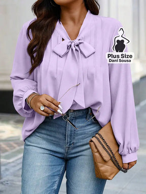Blusa Com Laço e Manga Longa Elegante Plus Size Roxo Empoeirado / G Blusa Com Laço e Manga Longa Elegante Plus Size
