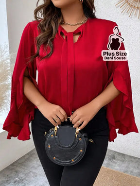 Blusa Com Laço E Mangas Fluidas Plus Size Blusa Com Laço E Mangas Fluidas Plus Size