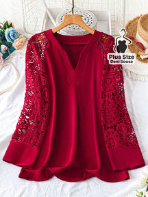 Blusa Com Mangas Rendadas E Detalhe Delicado Plus Size Vinho / G Conjunto Cropped e Shorts Estampado com Detalhes de
