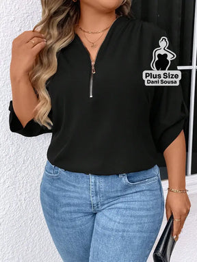 Blusa Com Zíper Frontal e Manga 3/4 Plus Size Blusa Com Zíper Frontal e Manga 3/4 Plus Size