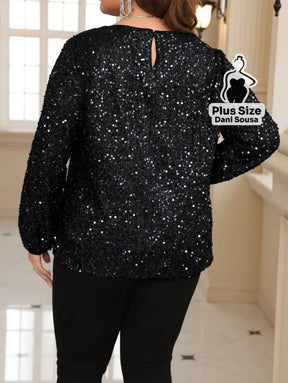 Blusa de Paetês Com Mangas Longas Elegante Plus Size Blusa de Paetês Com Mangas Longas Elegante Plus Size