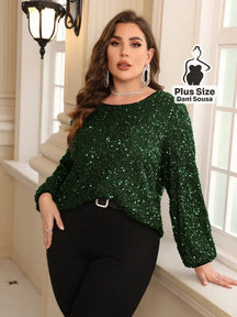 Blusa de Paetês Com Mangas Longas Elegante Plus Size Verde / G1 Blusa de Paetês Com Mangas Longas Elegante Plus Size