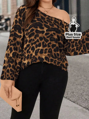 Blusa de Um Ombro Só Com Estampa Animal Print Plus Size Blusa de Um Ombro Só Com Estampa Animal Print Plus Size