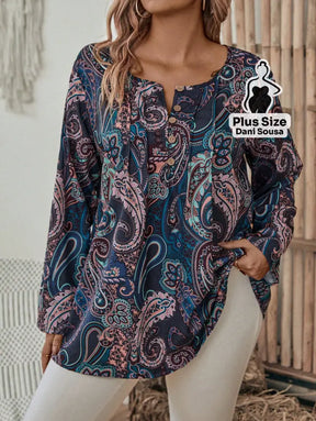 Blusa Estampada Boho Com Manga Longa e Decote Redondo Plus Size Blusa Estampada Boho Com Manga Longa e Decote Redondo