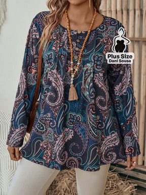 Blusa Estampada Boho Com Manga Longa e Decote Redondo Plus Size Blusa Estampada Boho Com Manga Longa e Decote Redondo