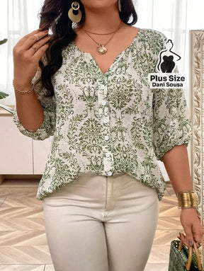 Blusa Estampada Com Botões e Manga Bufante Plus Size Blusa Estampada Com Botões e Manga Bufante Plus Size