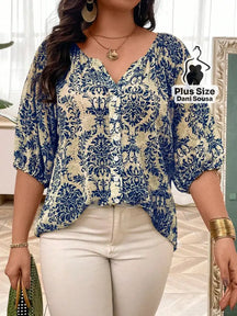Blusa Estampada Com Botões e Manga Bufante Plus Size Azul / G Blusa Estampada Com Botões e Manga Bufante Plus Size