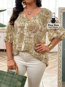Blusa Estampada Com Botões e Manga Bufante Plus Size Castanho / G Blusa Estampada Com Botões e Manga Bufante Plus Size