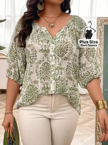 Blusa Estampada Com Botões e Manga Bufante Plus Size Verde / G Blusa Estampada Com Botões e Manga Bufante Plus Size